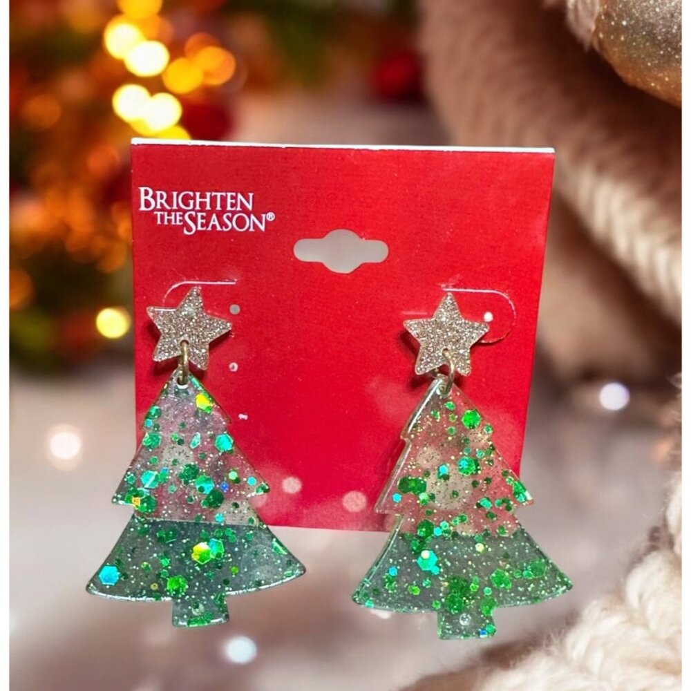 Brighten The Season Christmas Tree Earrings With Glitter Star Topper Christmas